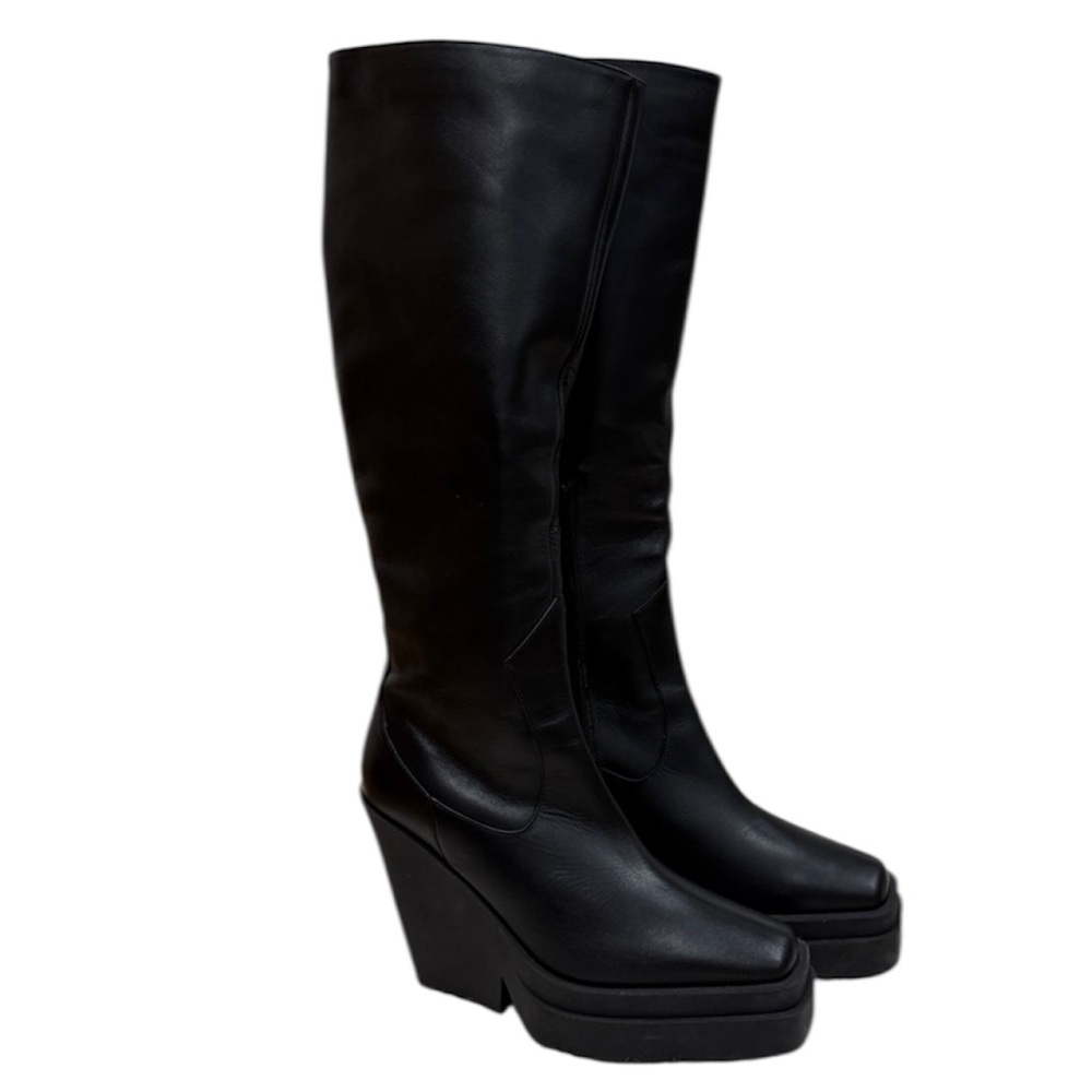New Gia Borghini Texan Knee High Leather EU 38 US 8 Boot Black‎ Western Platform